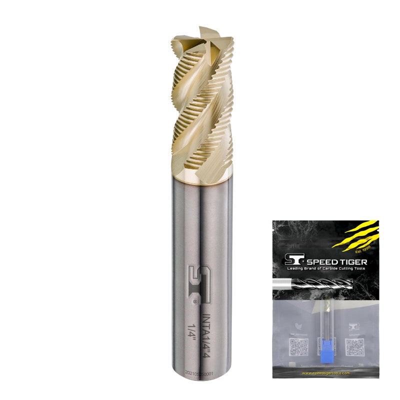 SPEED TIGER INTA Carbide Roughing End Mill - for Alloy Steels/Hardened Steels - Micro Grain Carbide End Mill - ZrN-A Coating - 4-Flute - INTA1/4-4 (1 Piece, 1/4") - Image 1